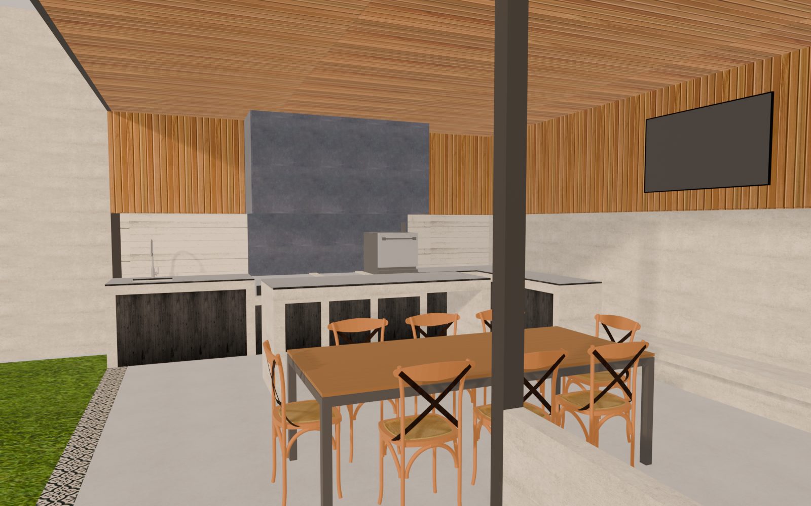 Modelo 3D del interior del Quincho CF: cocina, barra y comedor