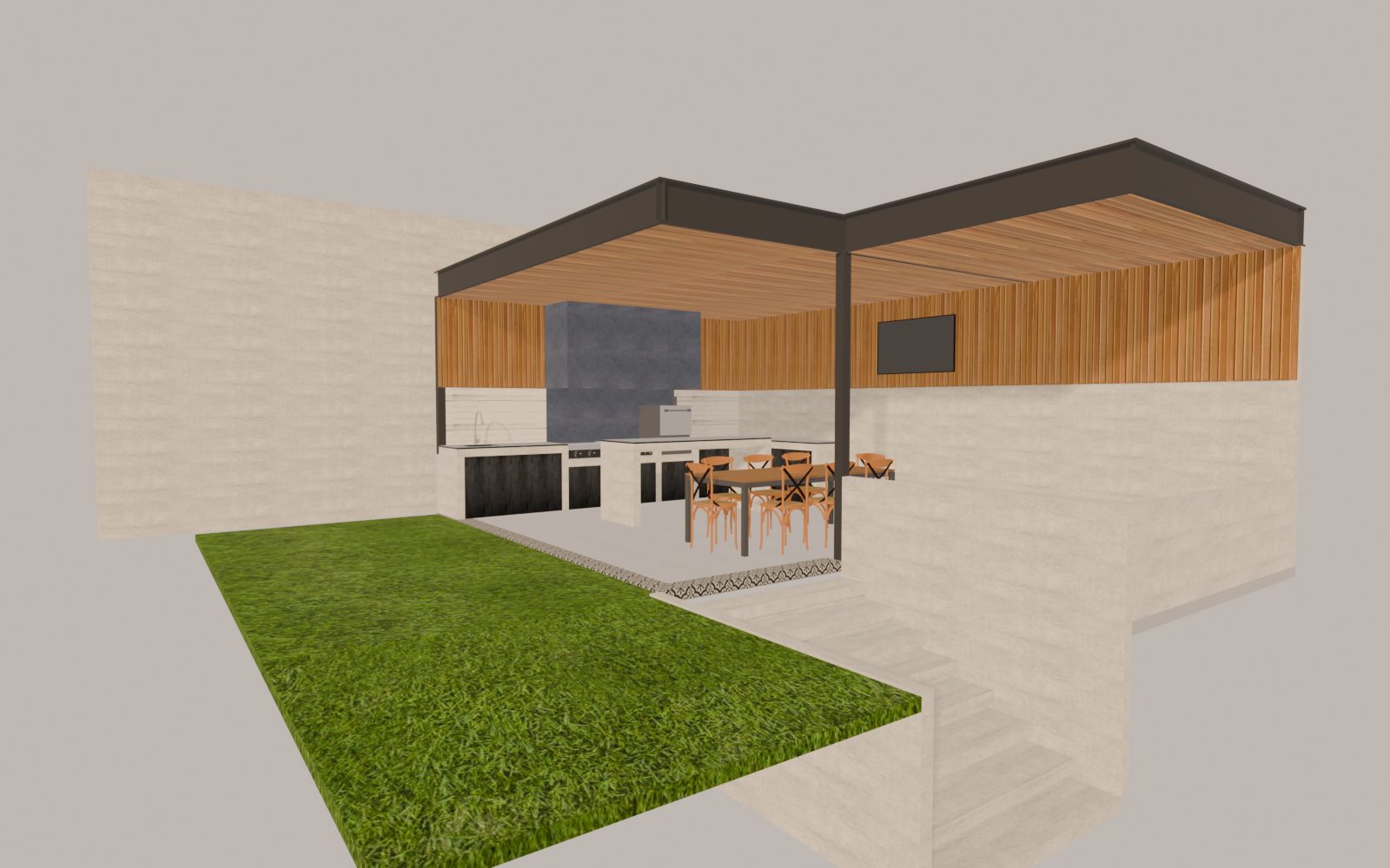 Modelo 3D del Quincho CF: cubierta, alturas y conjunto